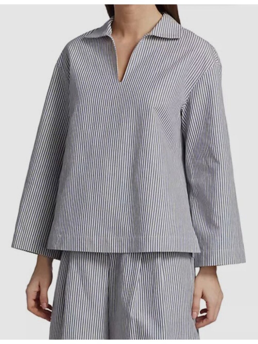Lafayette 148 New York "Dales" Striped Popover Blouse Navy Women’s Size XL